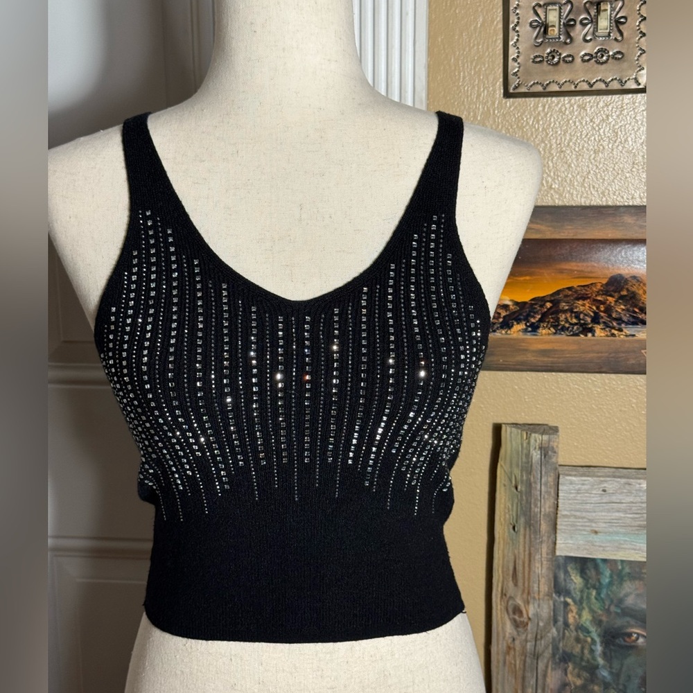 G & D Black Knit Cropped Embellished Sparkle Top Rhinestone M Stretch Bodycon